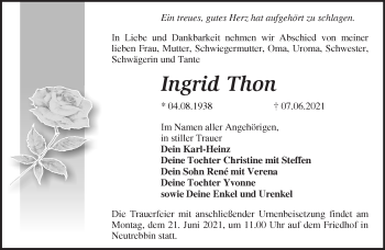 Traueranzeige von Ingrid Thon von Märkische Oderzeitung