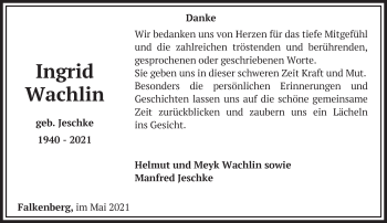 Traueranzeige von Ingrid Wachlin von Märkische Oderzeitung