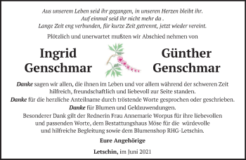 Traueranzeige von Ingrid und Günther Genschmar von Märkische Oderzeitung