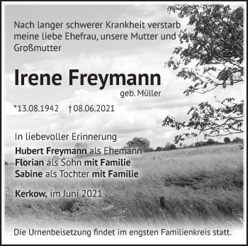 Traueranzeige von Irene Freymann von Märkische Oderzeitung