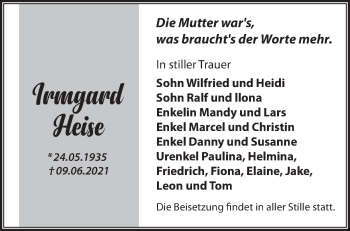 Traueranzeige von Irmgard Heise von Märkische Oderzeitung