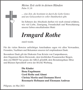 Traueranzeige von Irmgard Rothe von Märkische Oderzeitung