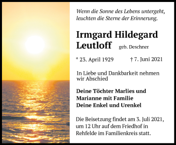 Traueranzeige von Irmgard Hildegard Leutloff von Märkische Oderzeitung