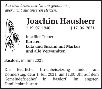 Traueranzeige von Joachim Hausherr von Märkische Oderzeitung