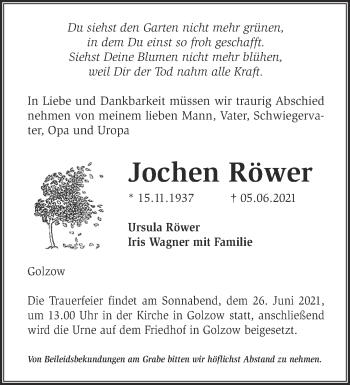 Traueranzeige von Jochen Röwer von Märkische Oderzeitung