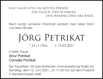 Traueranzeige von Jörg Petrikat von Märkische Oderzeitung