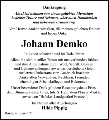 Traueranzeige von Johann Demko von Märkische Oderzeitung