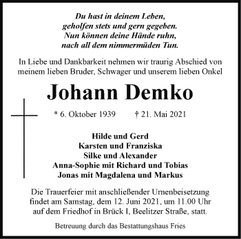 Traueranzeige von Johann Demko von Märkische Oderzeitung