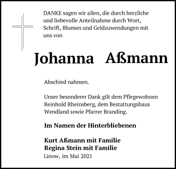 Traueranzeige von Johanna Aßmann von Märkische Oderzeitung