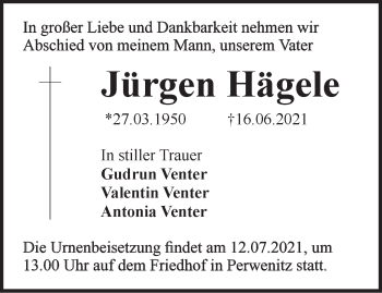 Traueranzeige von Jürgen Hägele von Märkische Oderzeitung