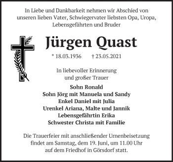 Traueranzeige von Jürgen Ouast von Märkische Oderzeitung