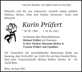 Traueranzeige von Karin Prüfert von Märkische Oderzeitung