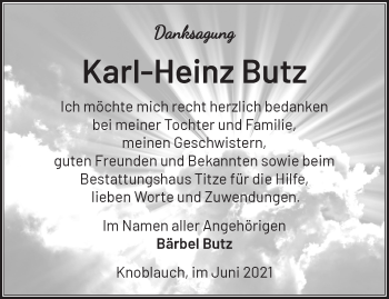 Traueranzeige von Karl-Heinz Butz von Märkische Oderzeitung