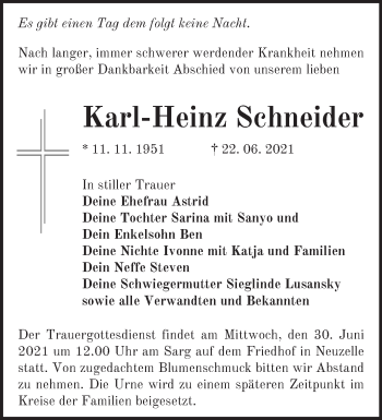 Traueranzeige von Karl-Heinz Schneider von Märkische Oderzeitung