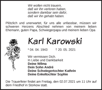 Traueranzeige von Karl Karowski von Märkische Oderzeitung