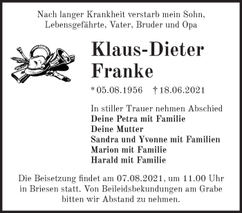 Traueranzeige von Klaus-Dieter Franke von Märkische Oderzeitung