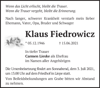 Traueranzeige von Klaus Fiedrowicz von Märkische Oderzeitung