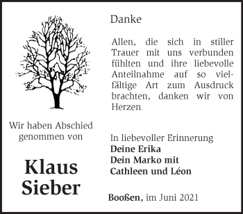 Traueranzeige von Klaus Sieber von Märkische Oderzeitung