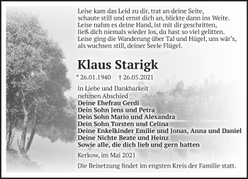 Traueranzeige von Klaus Starigk von Märkische Oderzeitung