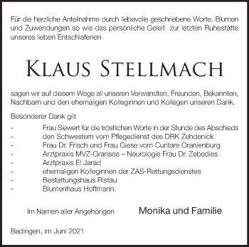 Traueranzeige von Klaus Stellmach von Märkische Oderzeitung