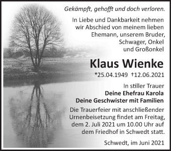 Traueranzeige von Klaus Wienke von Märkische Oderzeitung