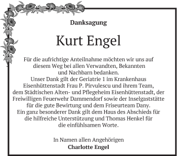 Traueranzeige von Kurt Engel von Märkische Oderzeitung