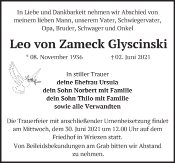 Traueranzeige von Leo von Zameck Glyscinski von Märkische Oderzeitung