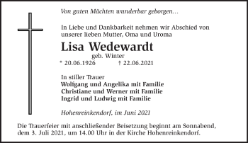 Traueranzeige von Lisa Wedewardt von Märkische Oderzeitung