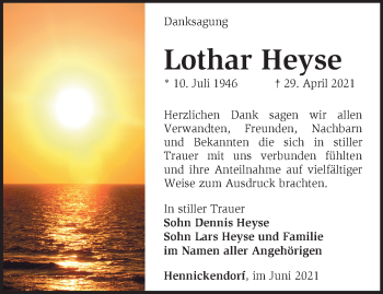 Traueranzeige von Lothar Heyse von Märkische Oderzeitung