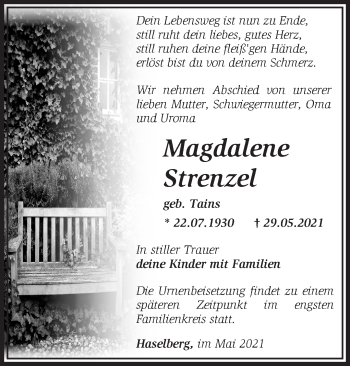 Traueranzeige von Magdalene Strenzel von Märkische Oderzeitung