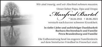 Traueranzeige von Manfred Bartel von Märkische Oderzeitung