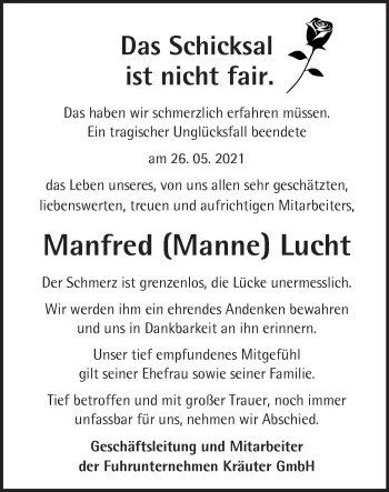 Traueranzeige von Manfred Lucht von Märkische Oderzeitung