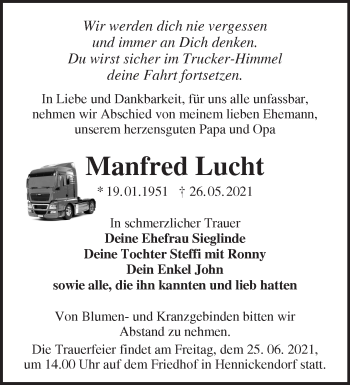 Traueranzeige von Manfred Lucht von Märkische Oderzeitung