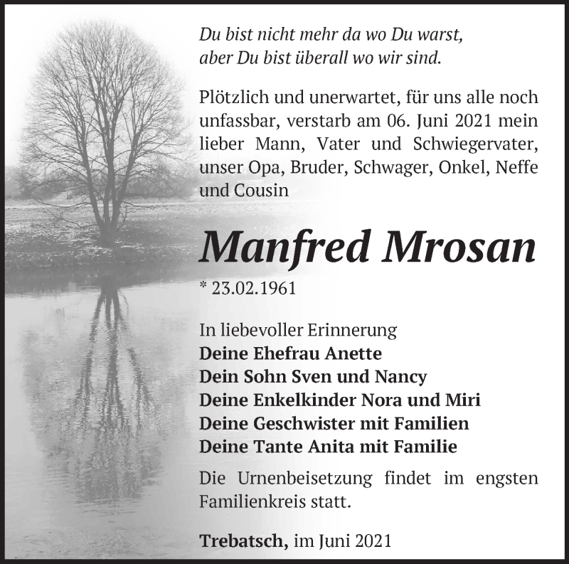  Traueranzeige für Manfred Mrosan vom 12.06.2021 aus Märkische Oderzeitung