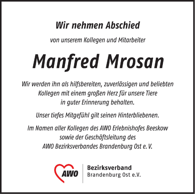  Traueranzeige für Manfred Mrosan vom 20.06.2021 aus Märkische Oderzeitung