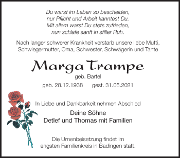 Traueranzeige von Marga Trampe von Märkische Oderzeitung