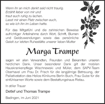 Traueranzeige von Marga Trampe von Märkische Oderzeitung