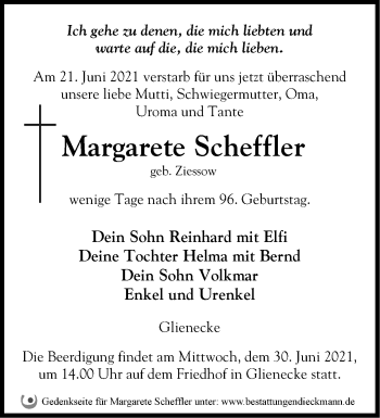 Traueranzeige von Margarete Scheffler von Märkische Oderzeitung