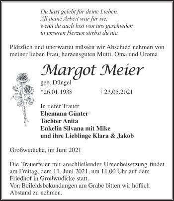 Traueranzeige von Margot Meier von Märkische Oderzeitung