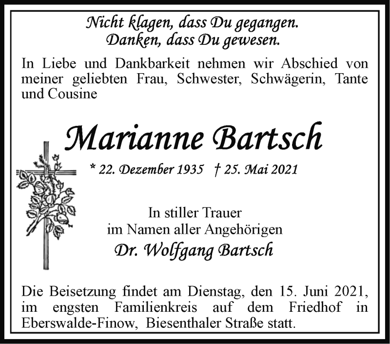  Traueranzeige für Marianne Bartsch vom 05.06.2021 aus Märkische Oderzeitung