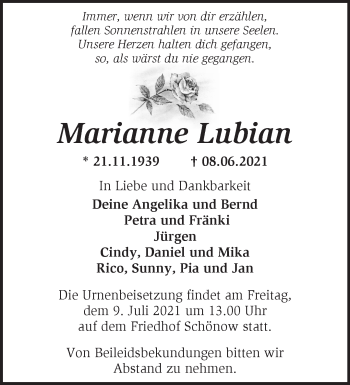 Traueranzeige von Marianne Lubian von Märkische Oderzeitung