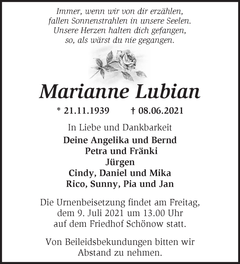  Traueranzeige für Marianne Lubian vom 27.06.2021 aus Märkische Oderzeitung