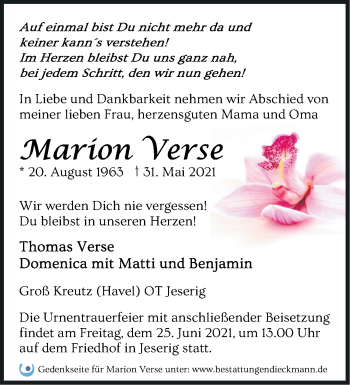 Traueranzeige von Marion Verse von Märkische Oderzeitung