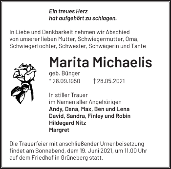 Traueranzeige von Marita Michaelis von Märkische Oderzeitung