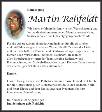 Traueranzeige von Martin Rehfeldt von Märkische Oderzeitung