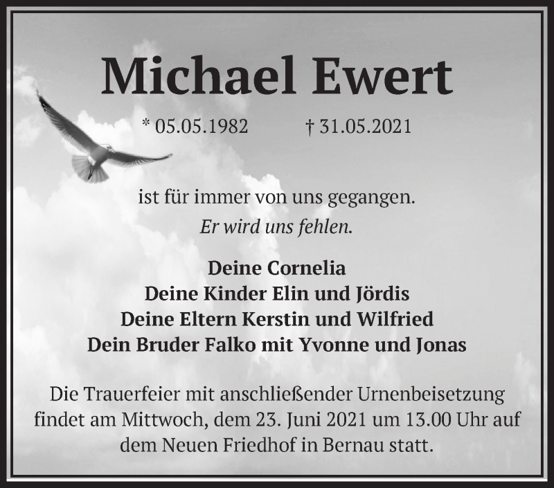  Traueranzeige für Michael Ewert vom 12.06.2021 aus Märkische Oderzeitung