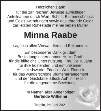 Traueranzeige von Minna Raabe von Märkische Oderzeitung