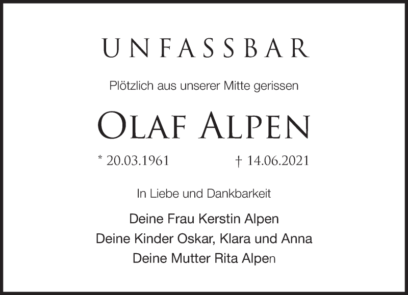  Traueranzeige für Olaf Alpen vom 19.06.2021 aus Märkische Oderzeitung