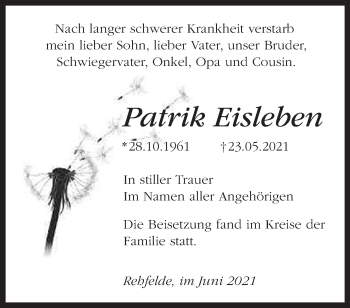 Traueranzeige von Patrik Eisleben von Märkische Oderzeitung