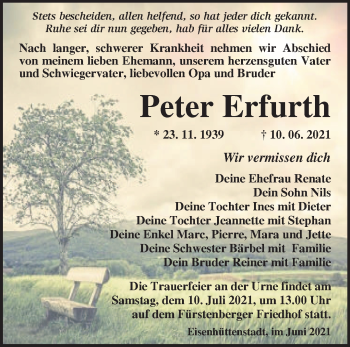 Traueranzeige von Peter Erfurth von Märkische Oderzeitung